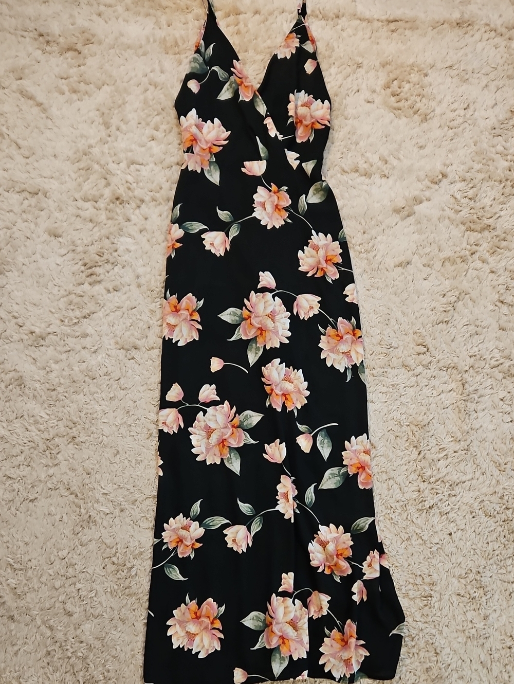Lush Black Maxi Dress with Pink-Peach Floral Print